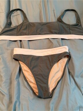 Green blushing brunette Two-Piece Bikini Set with White Trim VaCa cruise summer